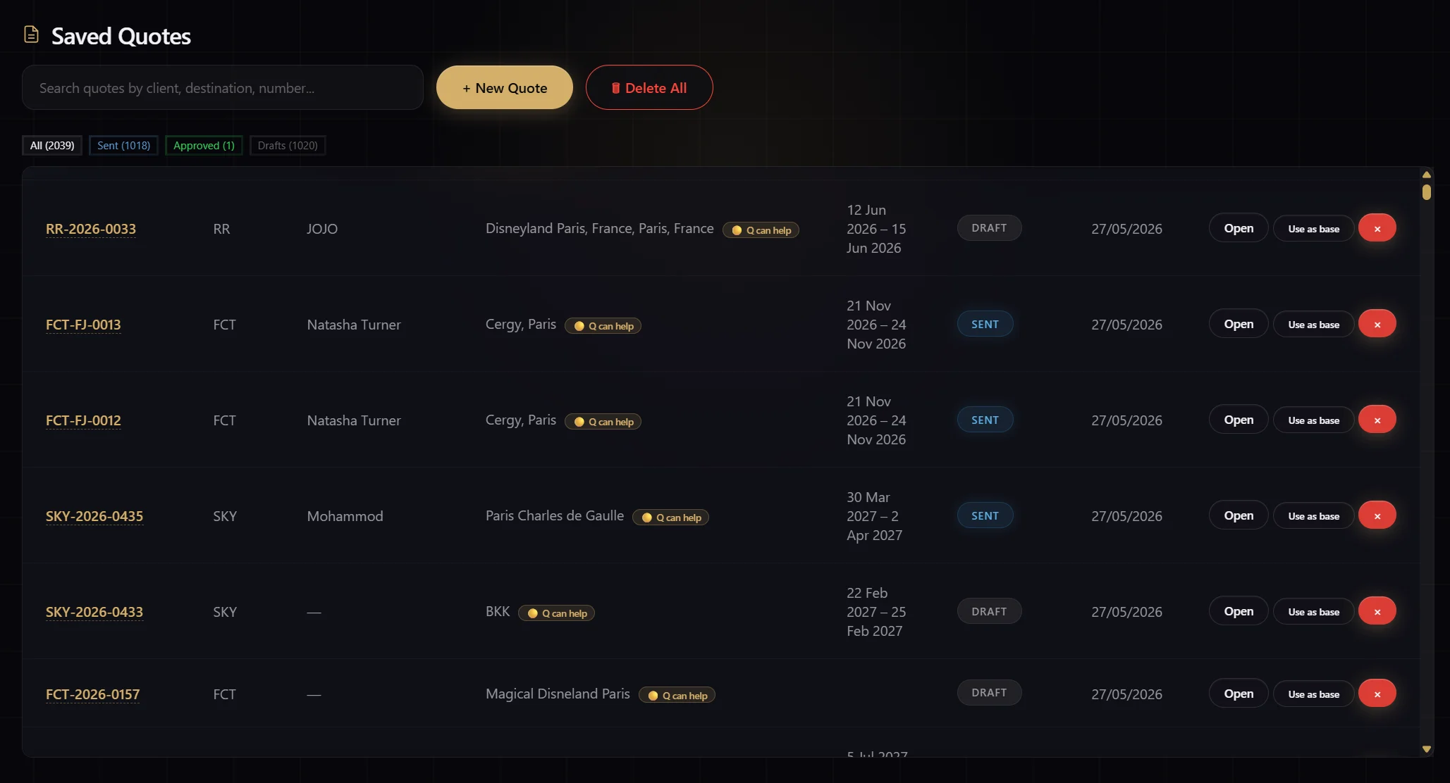 Saved Quotes management — full quote list with status, dates, and actions